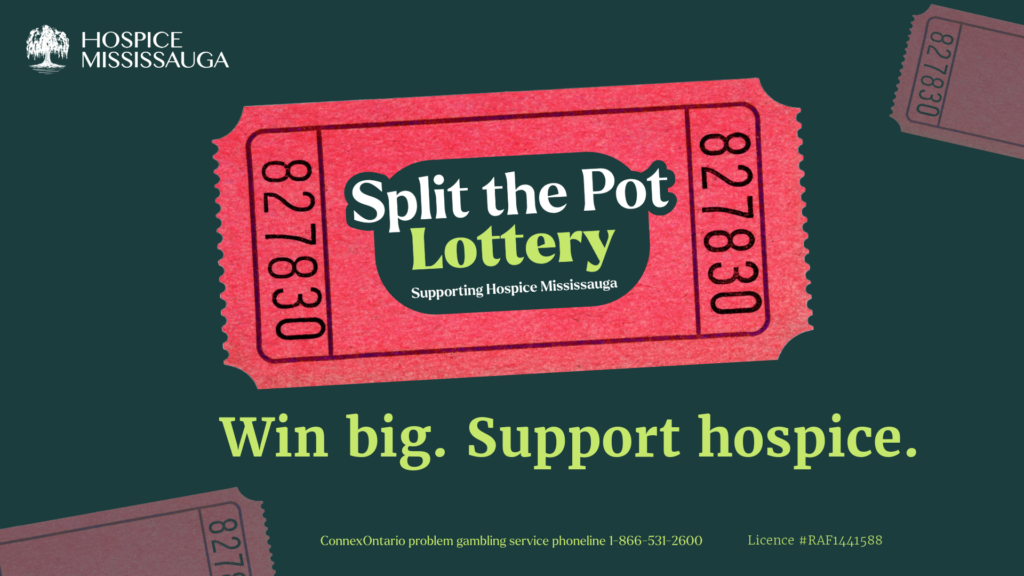Hospice Split the Pot poster showcasing the split the pot logo and a raffle ticket